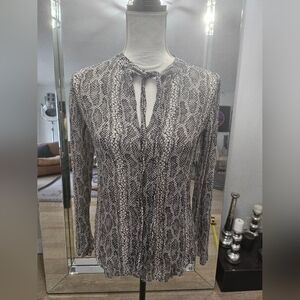 Theory Silk Snake Print Blouse Petite P Keyhole Tie Neck Long Sleeve Top